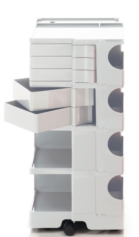 Weißer Boby Rollcontainer mit Schubladen und Ablagefächern, ideal für Büro und Arbeitszimmer.